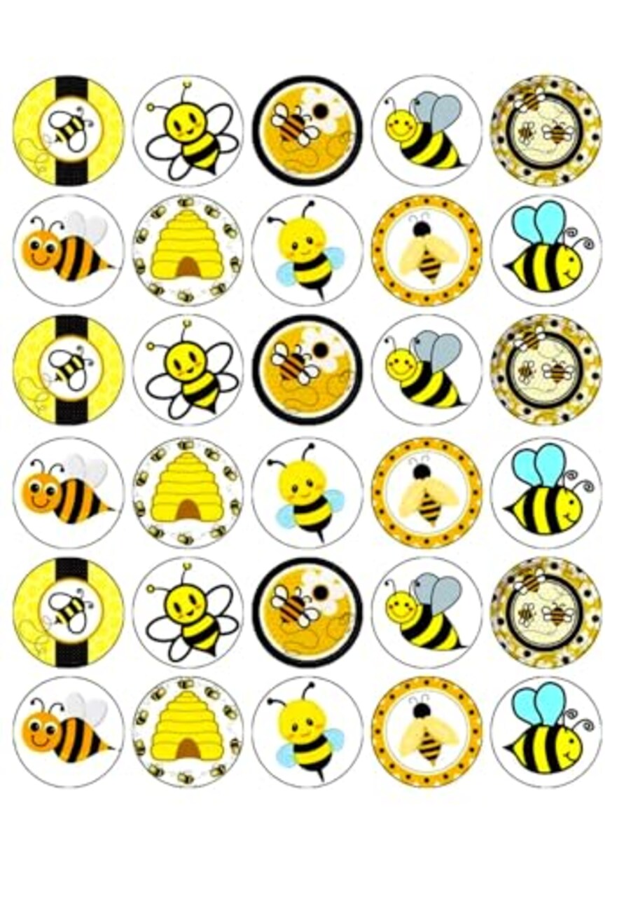 30 x Sweet Bees Themed Edible Cupcake Toppers | Uncut on Wafer Sheet- Qty 30-1.5” each